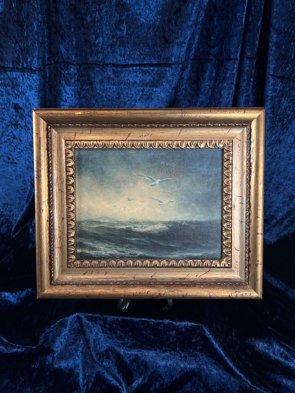 Vintage Framed Seascape Painting - Ocean Waves Seagulls - Ornate Gold Frame